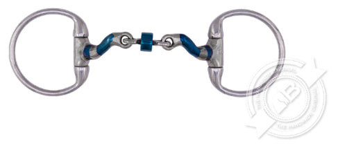 Horse bridle bit with blue accents on a white background